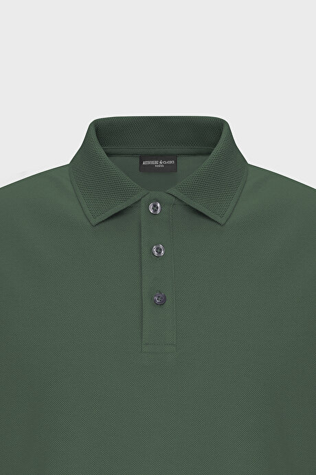 %100 Pamuk Kıvrılmaz Pike Polo Yaka Slim Fit Dar Kesim Haki Tişört resmi