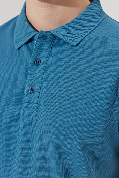 Slim Fit Dar Kesim Polo Yaka %100 Pamuk Kısa Kollu Havacı Mavi Tişört resmi