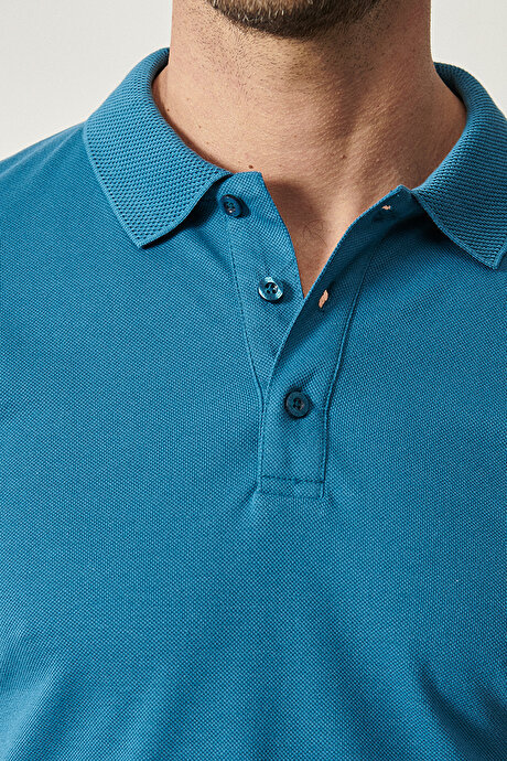 %100 Pamuk Kıvrılmaz Pike Polo Yaka Slim Fit Dar Kesim Havacı Mavi Tişört resmi