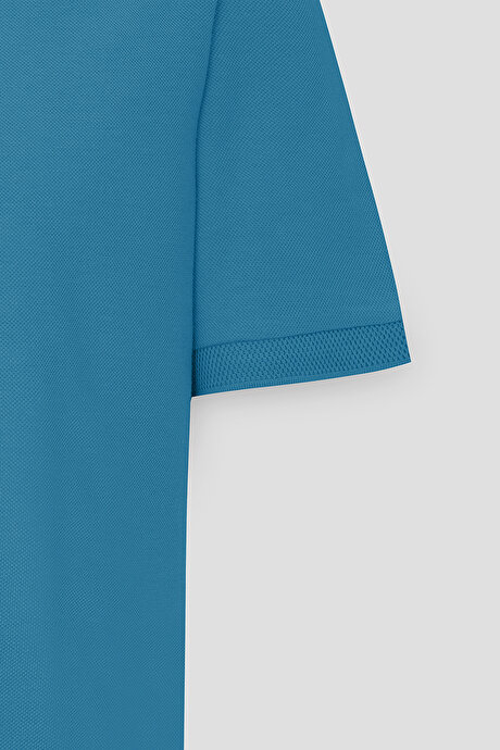 %100 Pamuk Kıvrılmaz Pike Polo Yaka Slim Fit Dar Kesim Havacı Mavi Tişört resmi