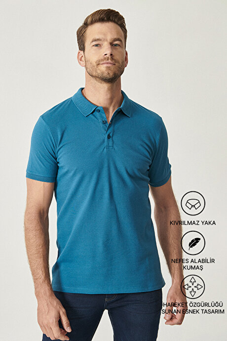 %100 Pamuk Kıvrılmaz Pike Polo Yaka Slim Fit Dar Kesim Havacı Mavi Tişört resmi