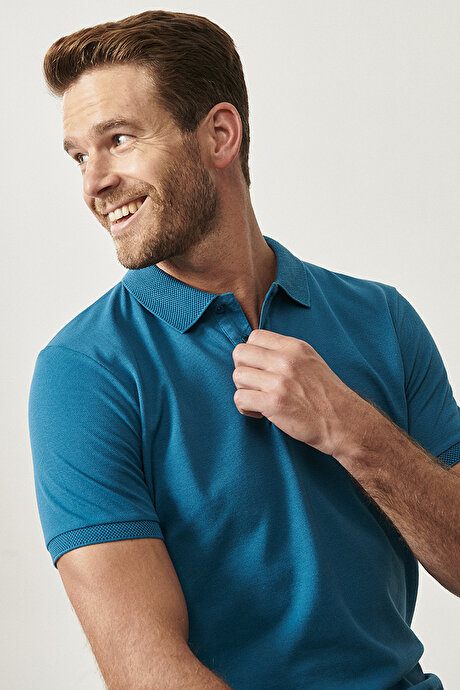 %100 Pamuk Kıvrılmaz Pike Polo Yaka Slim Fit Dar Kesim Havacı Mavi Tişört resmi