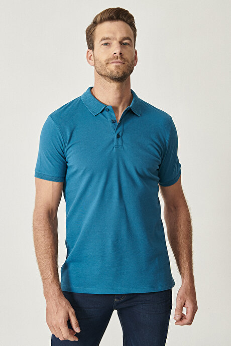 %100 Pamuk Kıvrılmaz Pike Polo Yaka Slim Fit Dar Kesim Havacı Mavi Tişört resmi