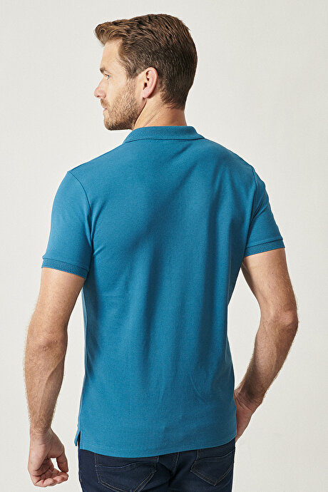 %100 Pamuk Kıvrılmaz Pike Polo Yaka Slim Fit Dar Kesim Havacı Mavi Tişört resmi