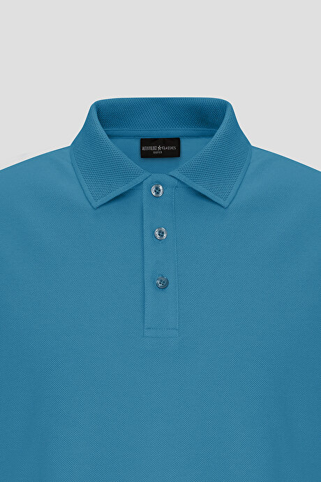 %100 Pamuk Kıvrılmaz Pike Polo Yaka Slim Fit Dar Kesim Havacı Mavi Tişört resmi