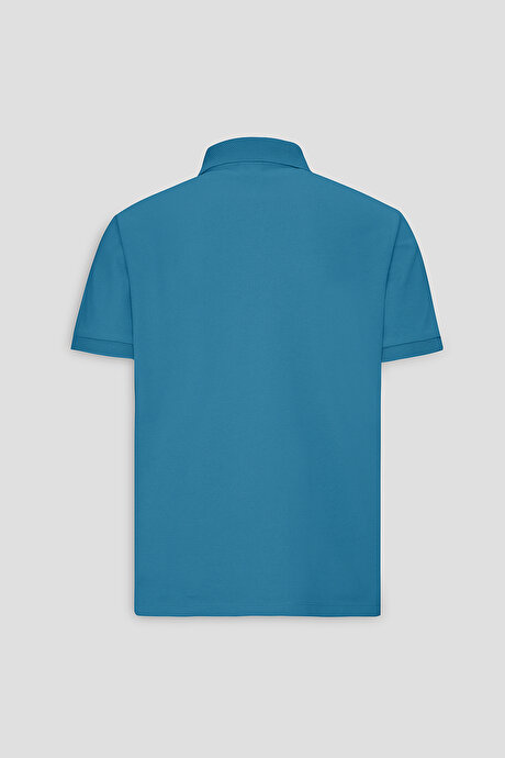 %100 Pamuk Kıvrılmaz Pike Polo Yaka Slim Fit Dar Kesim Havacı Mavi Tişört resmi