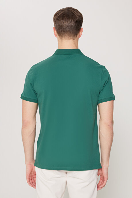 Slim Fit Dar Kesim Polo Yaka %100 Pamuk Kısa Kollu Koyu Yeşil Tişört resmi