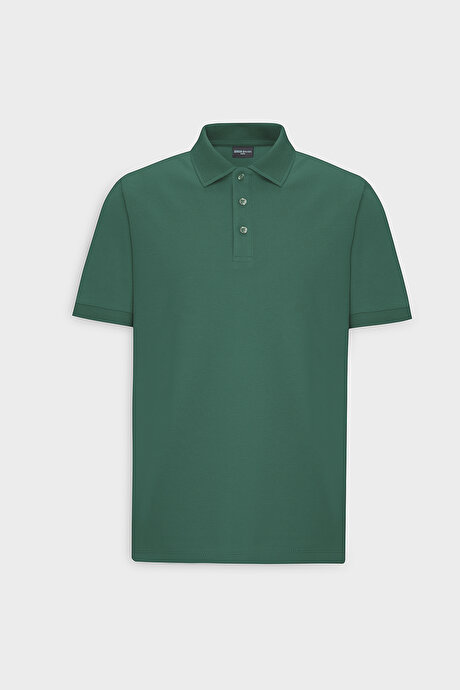 %100 Pamuk Kıvrılmaz Pike Polo Yaka Slim Fit Dar Kesim Koyu Yeşil Tişört resmi