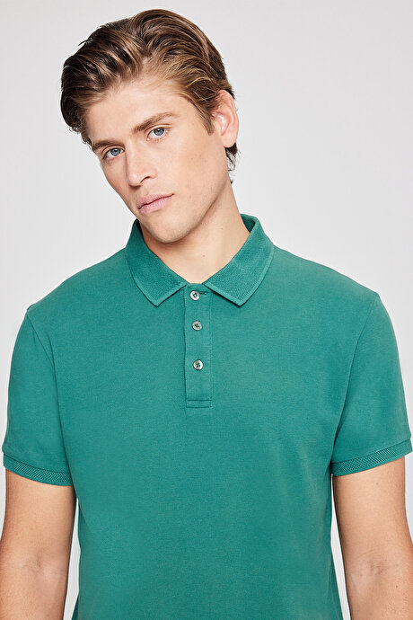 %100 Pamuk Kıvrılmaz Pike Polo Yaka Slim Fit Dar Kesim Koyu Yeşil Tişört resmi