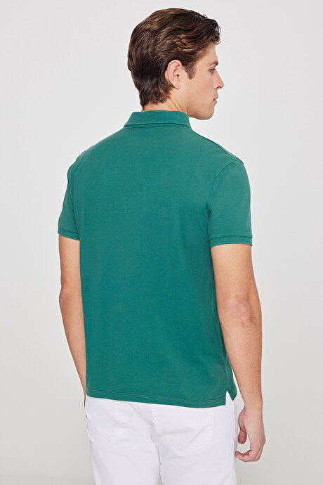 %100 Pamuk Kıvrılmaz Pike Polo Yaka Slim Fit Dar Kesim Koyu Yeşil Tişört resmi