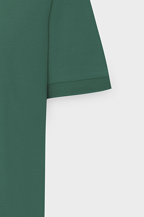 %100 Pamuk Kıvrılmaz Pike Polo Yaka Slim Fit Dar Kesim Koyu Yeşil Tişört resmi