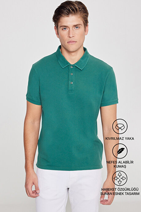 %100 Pamuk Kıvrılmaz Pike Polo Yaka Slim Fit Dar Kesim Koyu Yeşil Tişört resmi