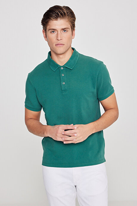 %100 Pamuk Kıvrılmaz Pike Polo Yaka Slim Fit Dar Kesim Koyu Yeşil Tişört resmi