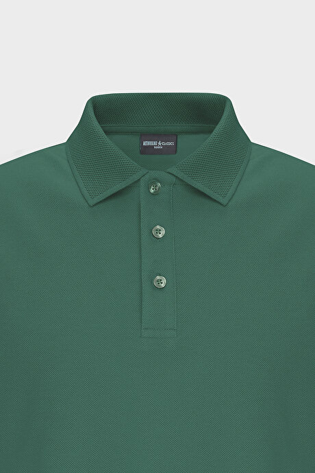 %100 Pamuk Kıvrılmaz Pike Polo Yaka Slim Fit Dar Kesim Koyu Yeşil Tişört resmi