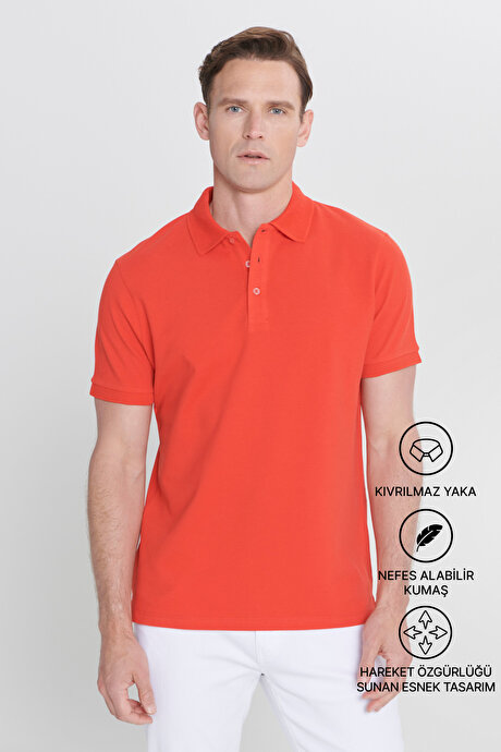 %100 Pamuk Kıvrılmaz Pike Polo Yaka Slim Fit Dar Kesim Nar Çiçeği Tişört resmi