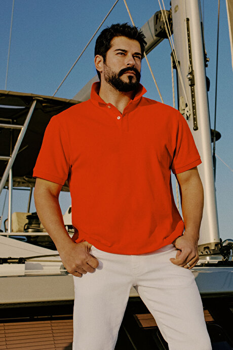 100 Pamuk Kıvrılmaz Pike Polo Yaka Slim Fit Dar Kesim Nar Çiçeği