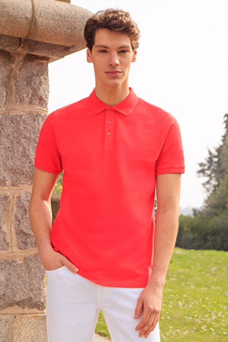 %100 Pamuk Kıvrılmaz Pike Polo Yaka Slim Fit Dar Kesim Nar Çiçeği Tişört resmi
