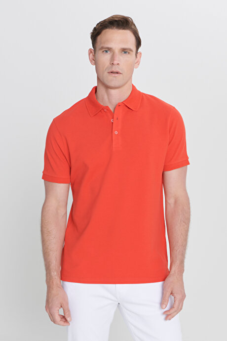 %100 Pamuk Kıvrılmaz Pike Polo Yaka Slim Fit Dar Kesim Nar Çiçeği Tişört resmi