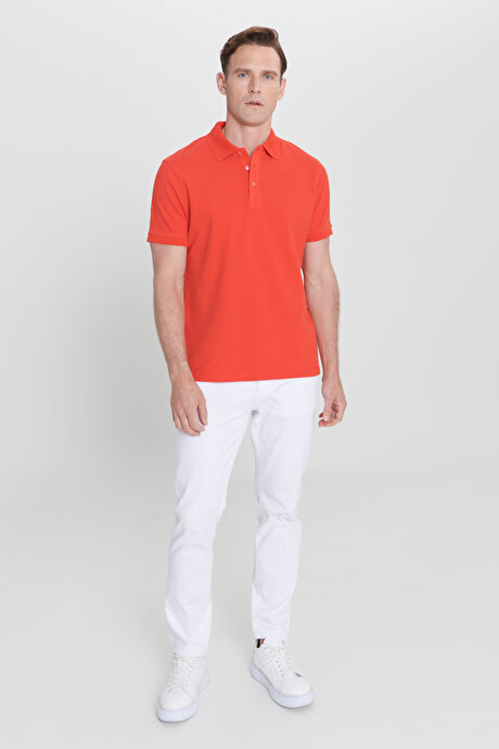 %100 Pamuk Kıvrılmaz Pike Polo Yaka Slim Fit Dar Kesim Nar Çiçeği Tişört resmi