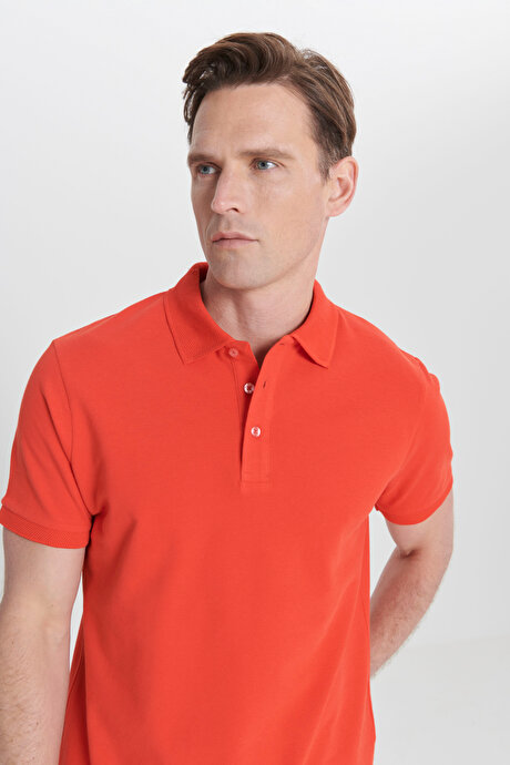 %100 Pamuk Kıvrılmaz Pike Polo Yaka Slim Fit Dar Kesim Nar Çiçeği Tişört resmi