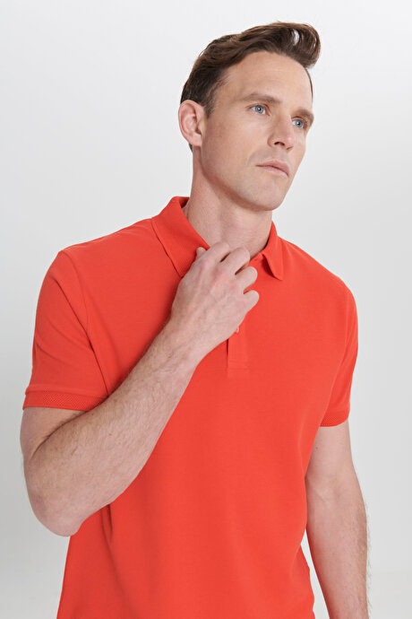 %100 Pamuk Kıvrılmaz Pike Polo Yaka Slim Fit Dar Kesim Nar Çiçeği Tişört resmi