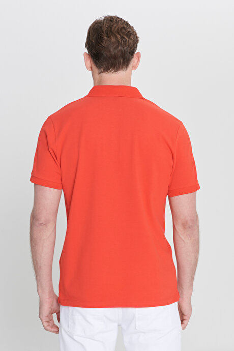 %100 Pamuk Kıvrılmaz Pike Polo Yaka Slim Fit Dar Kesim Nar Çiçeği Tişört resmi