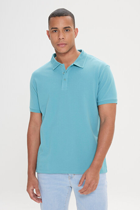 %100 Pamuk Kıvrılmaz Pike Polo Yaka Slim Fit Dar Kesim Petrol Tişört resmi