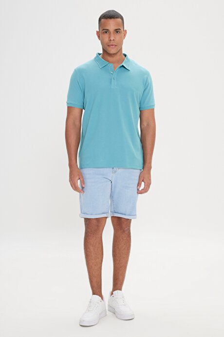 %100 Pamuk Kıvrılmaz Pike Polo Yaka Slim Fit Dar Kesim Petrol Tişört resmi