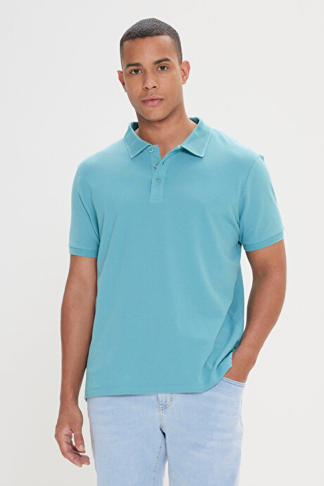 %100 Pamuk Kıvrılmaz Pike Polo Yaka Slim Fit Dar Kesim Petrol Tişört resmi