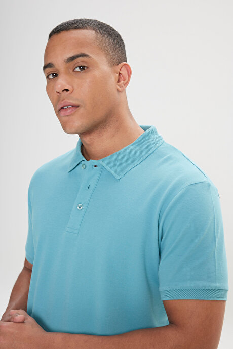 %100 Pamuk Kıvrılmaz Pike Polo Yaka Slim Fit Dar Kesim Petrol Tişört resmi