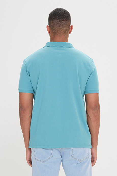 %100 Pamuk Kıvrılmaz Pike Polo Yaka Slim Fit Dar Kesim Petrol Tişört resmi