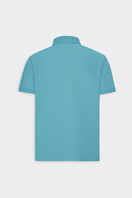 %100 Pamuk Kıvrılmaz Pike Polo Yaka Slim Fit Dar Kesim Petrol Tişört resmi