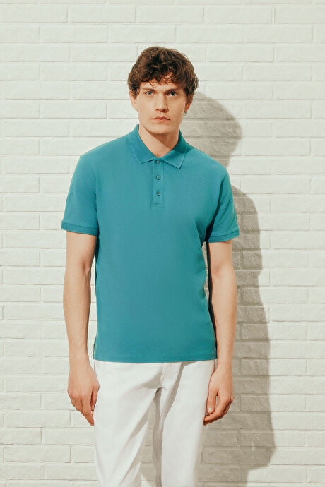 %100 Pamuk Kıvrılmaz Pike Polo Yaka Slim Fit Dar Kesim Petrol Tişört resmi