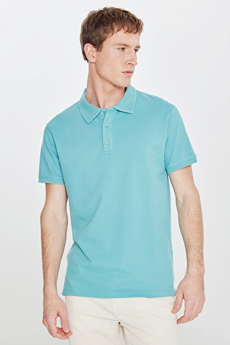 %100 Pamuk Kıvrılmaz Pike Polo Yaka Slim Fit Dar Kesim Petrol Tişört resmi