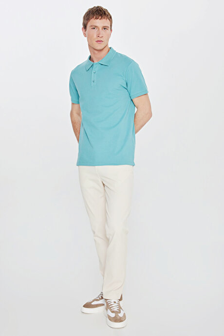 %100 Pamuk Kıvrılmaz Pike Polo Yaka Slim Fit Dar Kesim Petrol Tişört resmi
