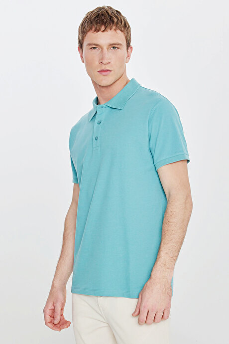 %100 Pamuk Kıvrılmaz Pike Polo Yaka Slim Fit Dar Kesim Petrol Tişört resmi