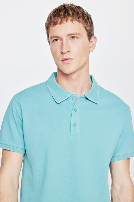 %100 Pamuk Kıvrılmaz Pike Polo Yaka Slim Fit Dar Kesim Petrol Tişört resmi
