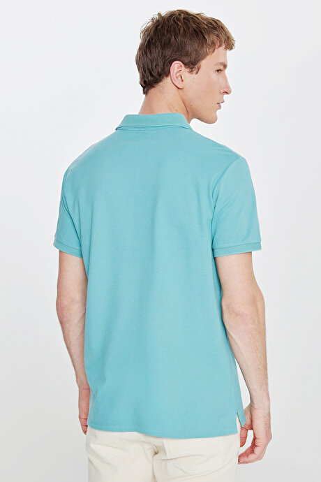 %100 Pamuk Kıvrılmaz Pike Polo Yaka Slim Fit Dar Kesim Petrol Tişört resmi
