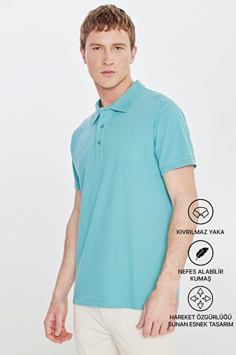 %100 Pamuk Kıvrılmaz Pike Polo Yaka Slim Fit Dar Kesim Petrol Tişört resmi