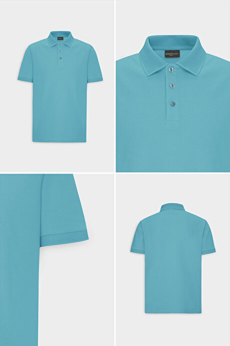 %100 Pamuk Kıvrılmaz Pike Polo Yaka Slim Fit Dar Kesim Petrol Tişört resmi