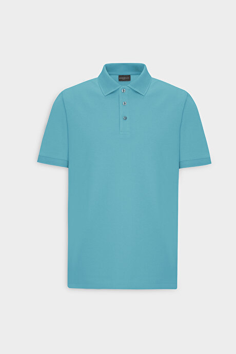 %100 Pamuk Kıvrılmaz Pike Polo Yaka Slim Fit Dar Kesim Petrol Tişört resmi