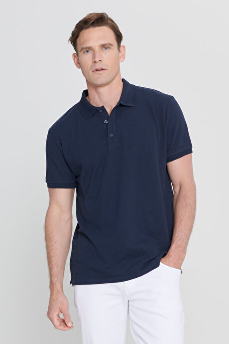 %100 Pamuk Kıvrılmaz Pike Polo Yaka Slim Fit Dar Kesim Prusya Lacivert Tişört resmi
