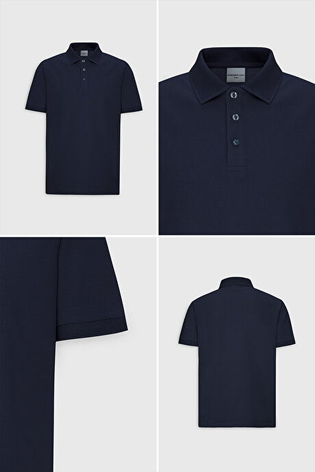 %100 Pamuk Kıvrılmaz Pike Polo Yaka Slim Fit Dar Kesim Prusya Lacivert Tişört resmi