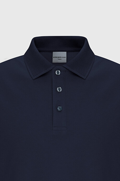%100 Pamuk Kıvrılmaz Pike Polo Yaka Slim Fit Dar Kesim Prusya Lacivert Tişört resmi