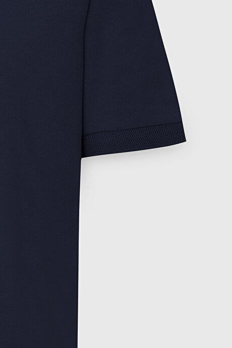 %100 Pamuk Kıvrılmaz Pike Polo Yaka Slim Fit Dar Kesim Prusya Lacivert Tişört resmi