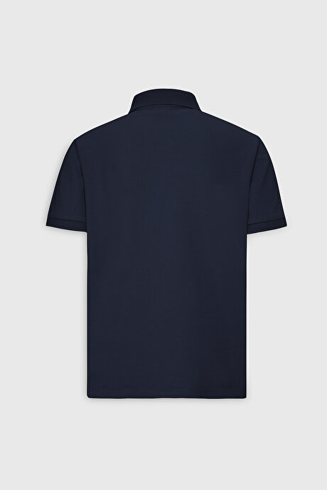 %100 Pamuk Kıvrılmaz Pike Polo Yaka Slim Fit Dar Kesim Prusya Lacivert Tişört resmi