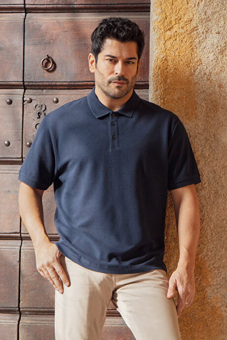 %100 Pamuk Kıvrılmaz Pike Polo Yaka Slim Fit Dar Kesim Prusya Lacivert Tişört resmi