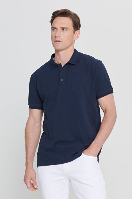 %100 Pamuk Kıvrılmaz Pike Polo Yaka Slim Fit Dar Kesim Prusya Lacivert Tişört resmi