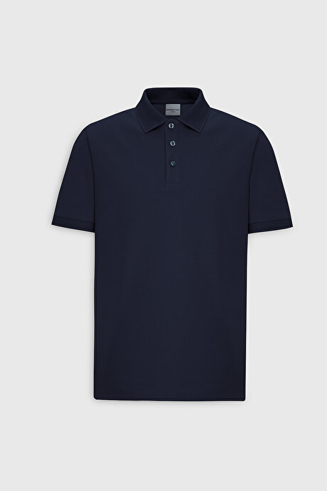 %100 Pamuk Kıvrılmaz Pike Polo Yaka Slim Fit Dar Kesim Prusya Lacivert Tişört resmi