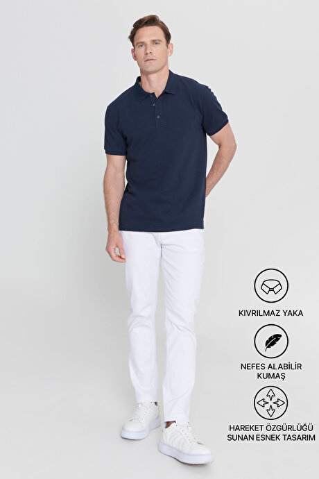 %100 Pamuk Kıvrılmaz Pike Polo Yaka Slim Fit Dar Kesim Prusya Lacivert Tişört resmi